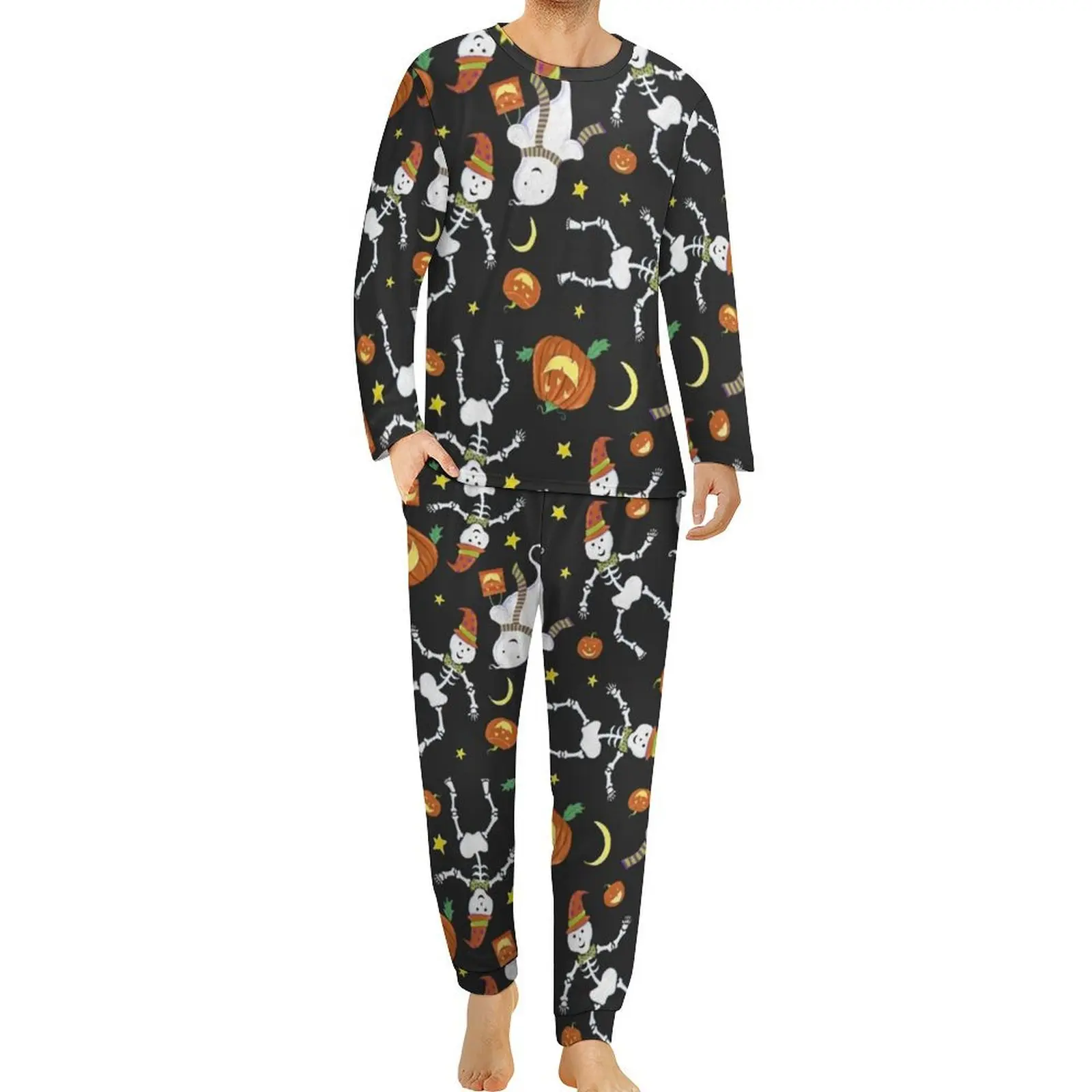 Halloween Bone Skeleton Pajamas Autumn Cartoon Ghost Pumpkin Sleep Sleepwear Men 2 Pieces Custom Long-Sleeve Fashion Pajamas Set