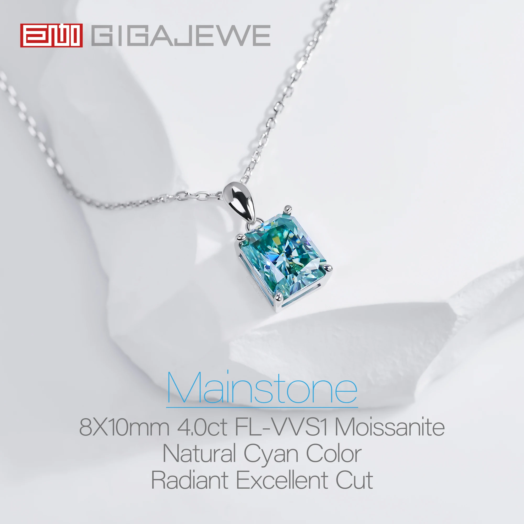 GIGAJEWE  8*10mm 4.0ct Radiant Cut Natural Cyan VVS1 Moissanite 18K White Gold Plated Silver Engagement Necklace Woman Girl Gift