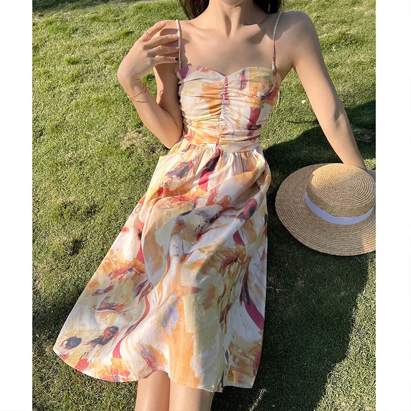 Fashion New Comic Print Strapless Dress Women Summer Beach Style High Waist Loose Long Camis Dresses with Pockets Woman 2022