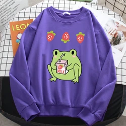 Casualwomens Pullovers Green Frog Who Loves Drinking Strawberry-Flavored Milk Print Hoodies Loose Sweatshirts Warm Fleece Tops