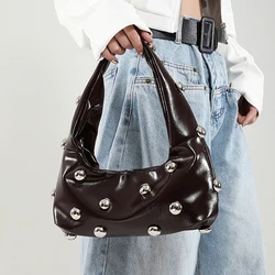 PU Retro Rivet Decor Shoulder Bags Solid Color Crossbody Bag High-end Women Handbag Luxury Brand Satchel Small Tote Bag