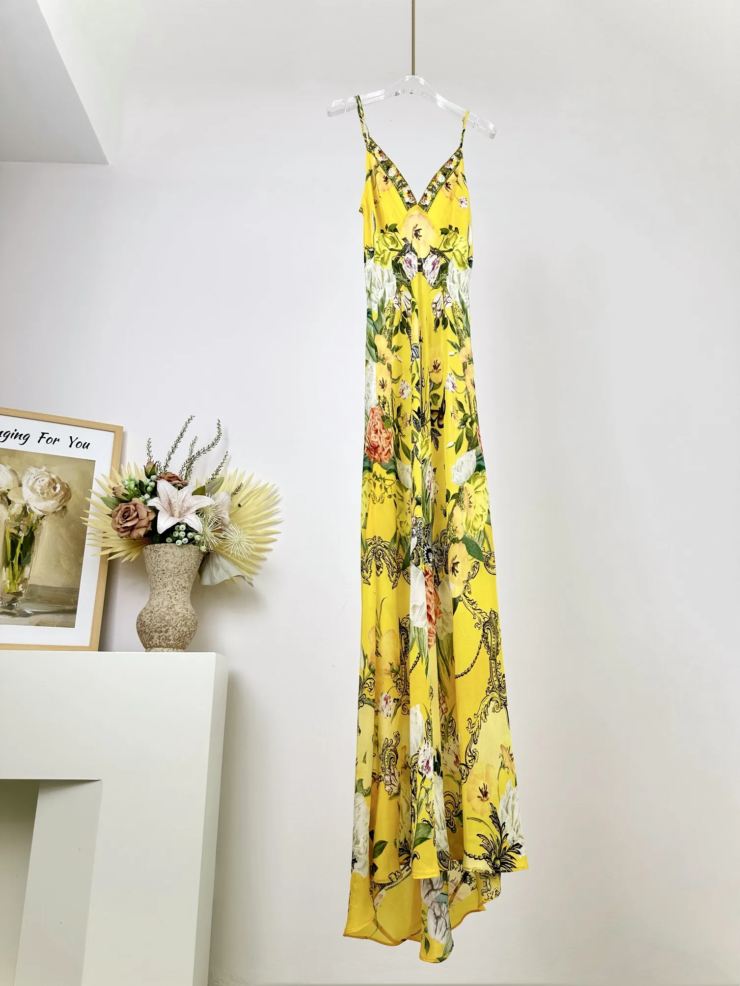 Women Flower Printed Strapless Slim Sleeveless Silk Maxi Dress