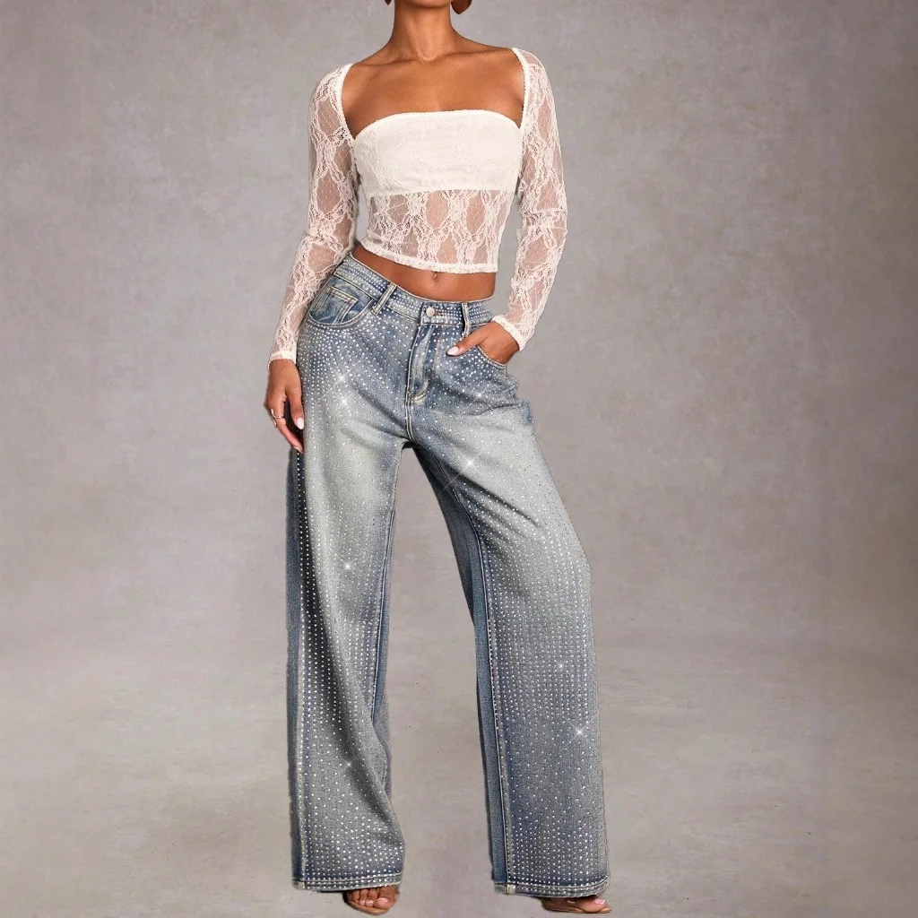 Women's Jeans Are Popular, European And American Style Is Full Of Diamond Wide-leg Jeans, Women, Spice Girls High-waisted Rhines