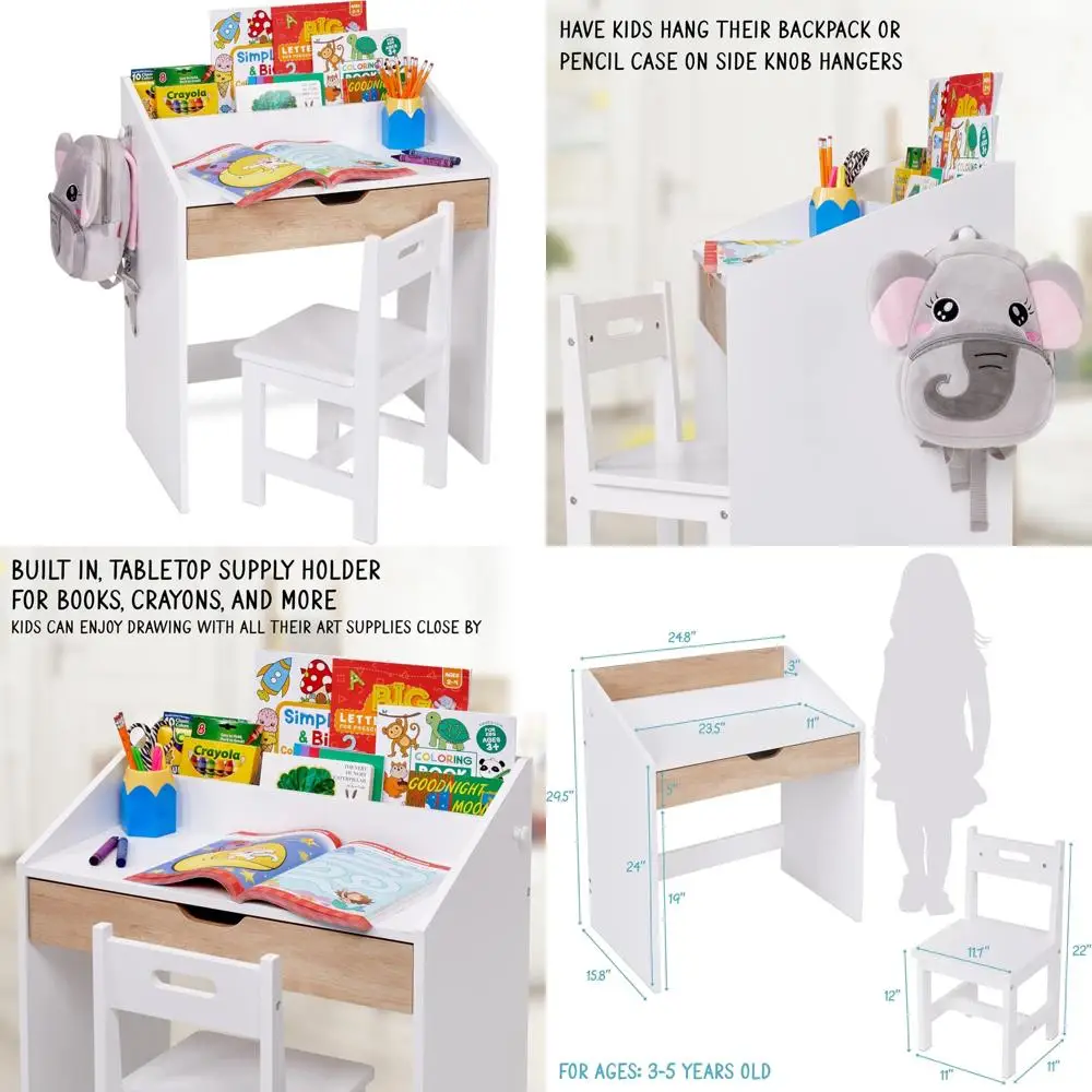 

Lil' Jumbl Toddler Wooden Study Desk and Chair Set, Home School Learning Workstation with Writing Table, Storage Drawer, Tableto