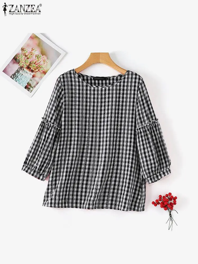 2024 ZANZEA Women O Neck 3/4 Sleeve Blouse Summer Autumn Checked Shirt Female Loose Holiday Tops Oversize Casual Work Blusas