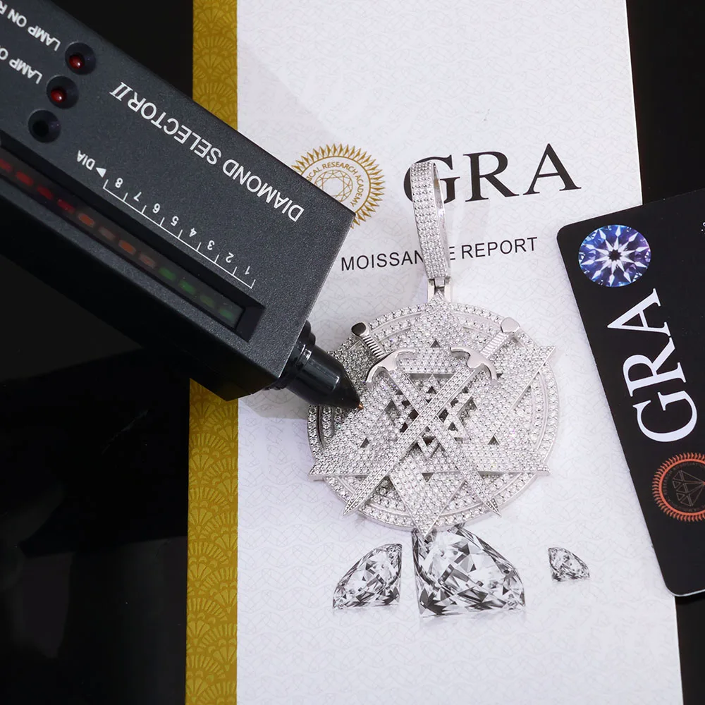 HHIOK 925 الفضة VVS مويسانيتي سداسية ستار 2 بوصة قلادة مخصصة مزدوجة السيف تصميم بلينغ مثلج خارج الماس والمجوهرات هدية #5