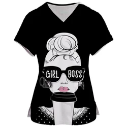Print Scrubs Top Women with Pockets V-Neck Scrub Uniforms Pet Grooming Nurse Spa Caring Shirt Uniformes De Enfermería Para Mujer