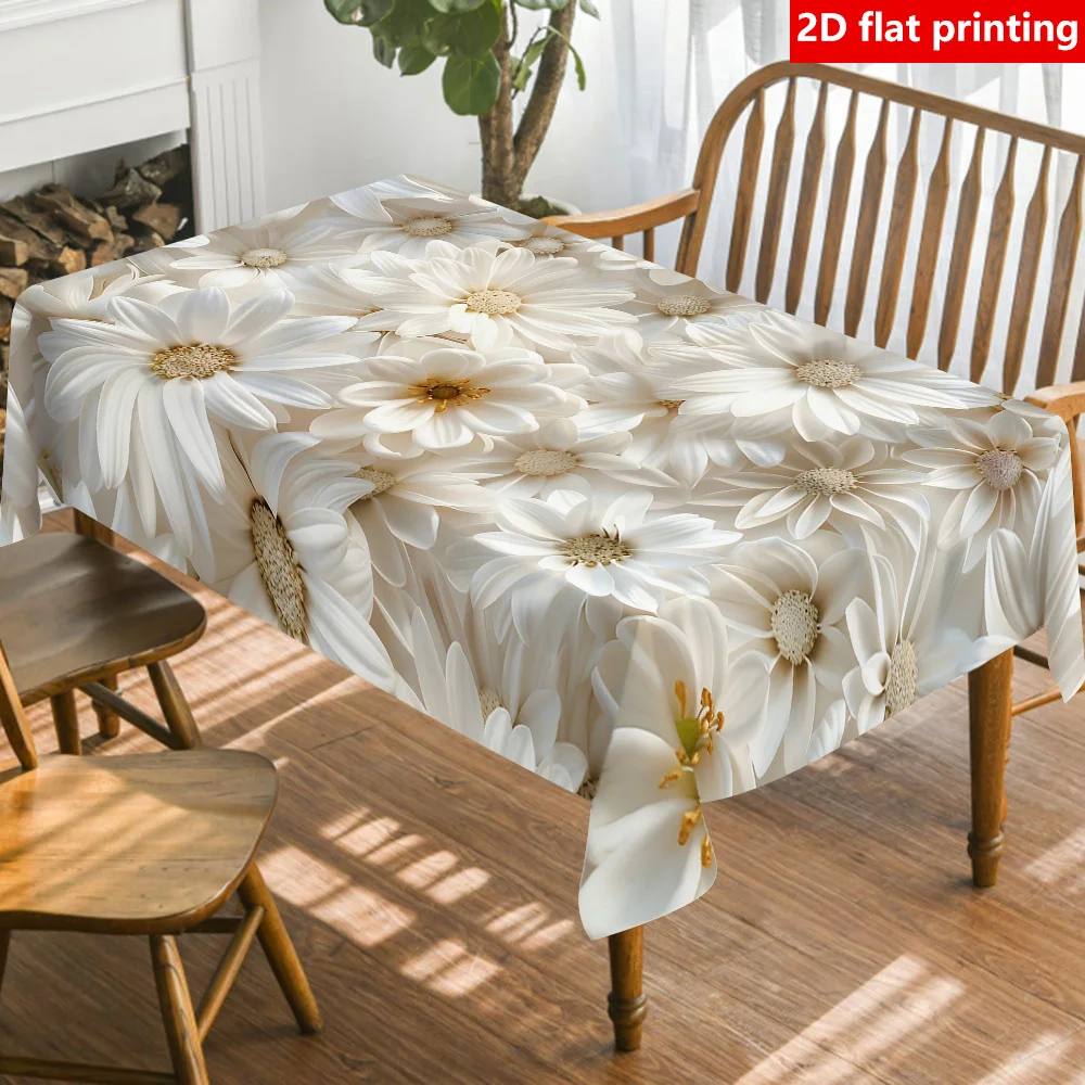 2D flat printing, 1pc luxurious white floral design tablecloth, durable polyester tablecloth
