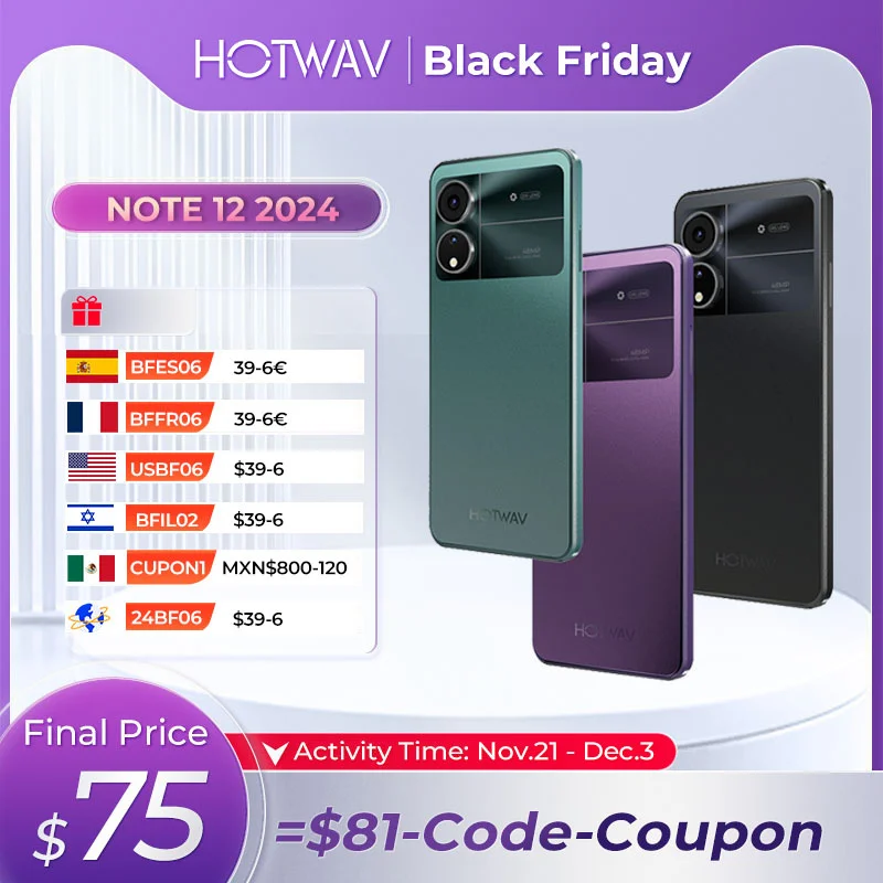 New HOTWAV Note 12 2024 Smartphone Android 14.0+5160MAH Cellphones 6+128GB 48MP+16MP+0.08MP Camera 6.8