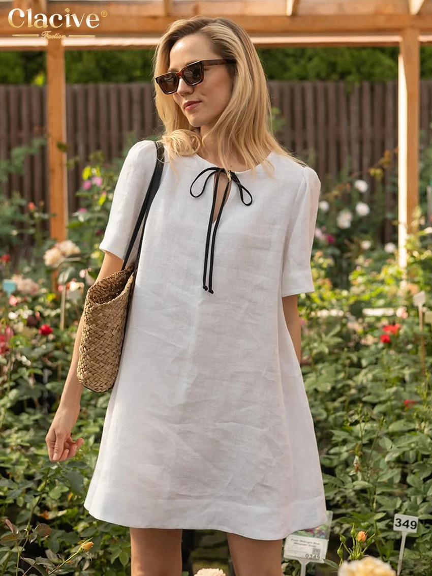 

Clacive Summer Loose White Cotton Women's Dress 2026 Fashion O-Neck Short Sleeve Mini Dresses Elegant Classic Solid Female Dress