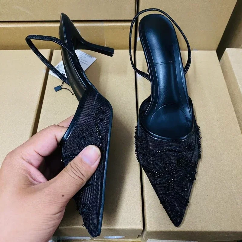 Ladies Flower Mesh Open Heel Sandals Shoes Sexy Designer High Heel Pointed Toe Stiletto Pumps Mules  women sandals image 4