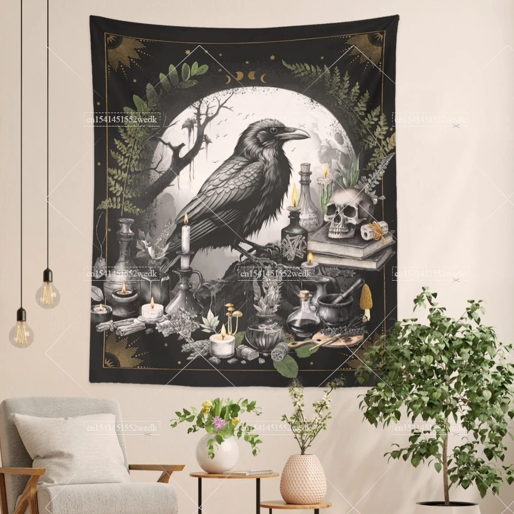 Gothic Raven Witch Tapestry Wall Hanging Skeleton Tapestries Dark Academia Crow Aesthetic Bedroom Decoration Tarot Altar Cloths
