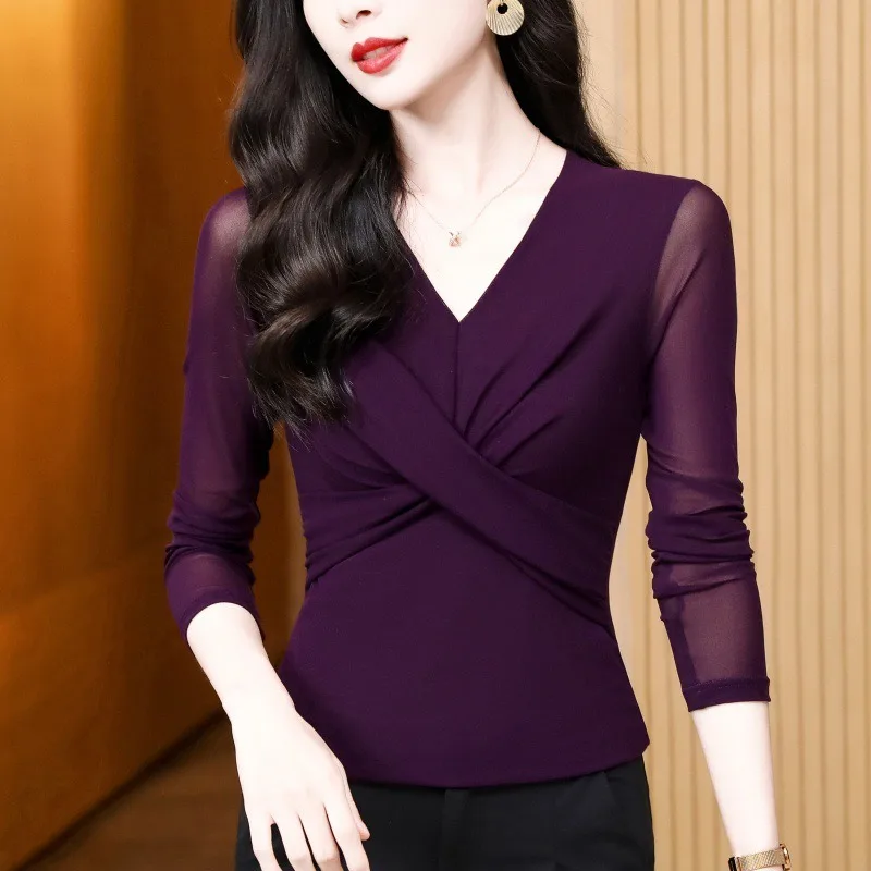 Women's Mesh Long Sleeve Top V Neck Cross Wrap Slim Fit Casual Blouse