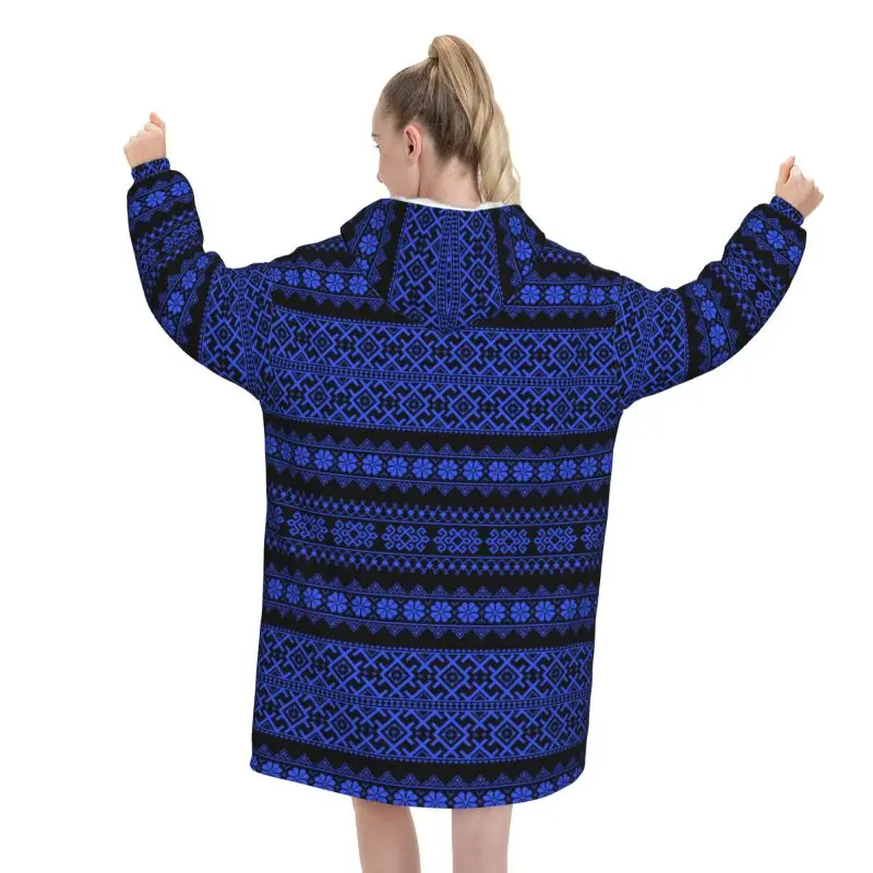 Blue Ukraine Embroidery Ornament Print Wearable Blanket Hoodie Women Oversized Pullover Sweatshirt Fleece Sherpa Hooded Blanket
