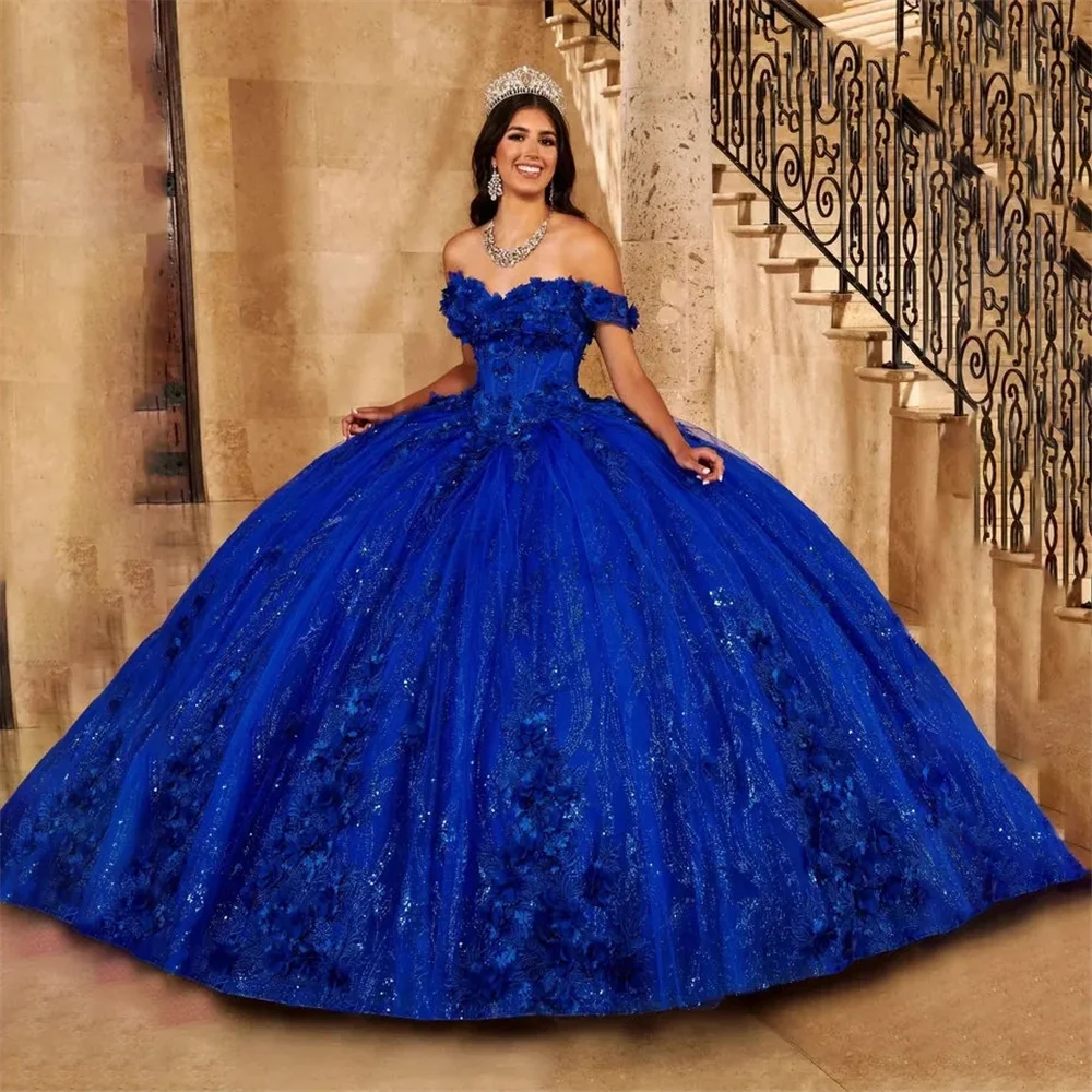 Custom Made Royal Blue Lady Dresses Sequined Handmade 2024  3D Flowers Sweet  Dress Ball Gown Lace Prom Evening Dresses