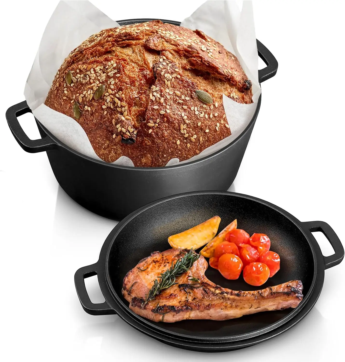 

5QT Dutch Oven Pot With Lid, 2-in-1 Pre-seasoned Cast Iron Dutch Oven Stock Pot with Lid for Bread Baking, Healthy