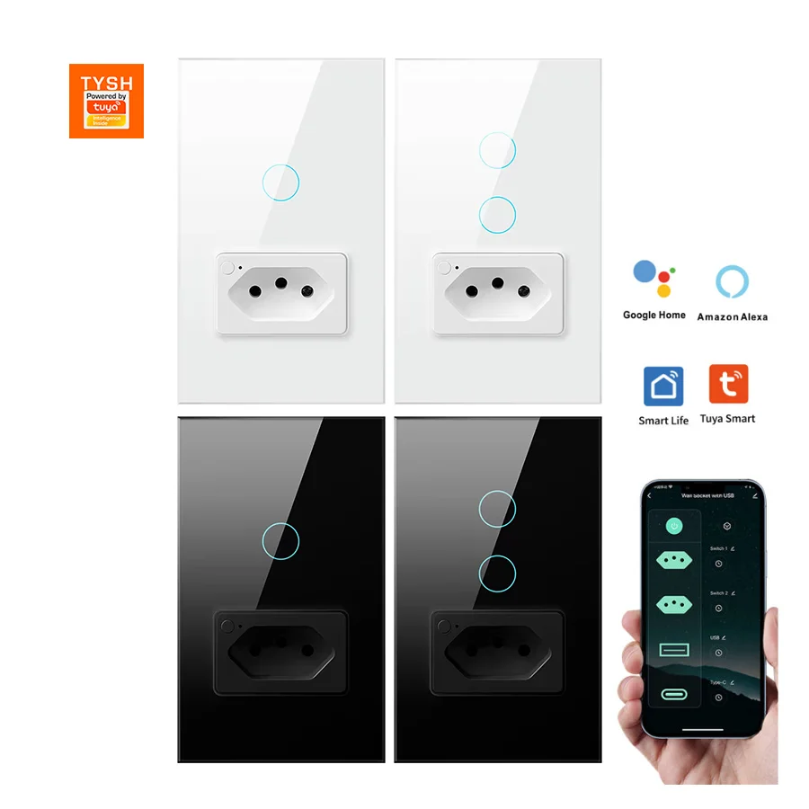TYSH Smart Light Switch Extension Socket App Voice Control Wi-Fi Tempered Glass+PC Plastic IP44 Self Grounding for Home Hotel