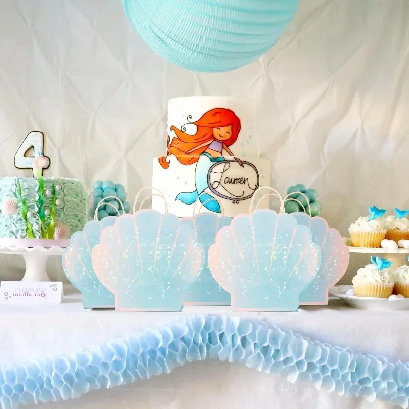 8Pcs Sea Shell Mermaid Birthday Party Bag with Handles Beach Under The Sea Goody Bag Birthday Party Ocean Baby Shower Gift Bag