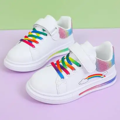 Sepatu anak perempuan, sepatu dengan sol bantalan udara, sepatu kets anak laki-laki perempuan warna-warni pelangi, sepatu kasual warna putih