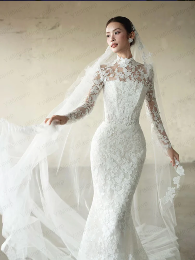 Elegant Wedding Dresses High Neck Long Sheer Sleeve Mermaid Bride Dress Women Civil Lace Bridal Gown Customized robe de mariée