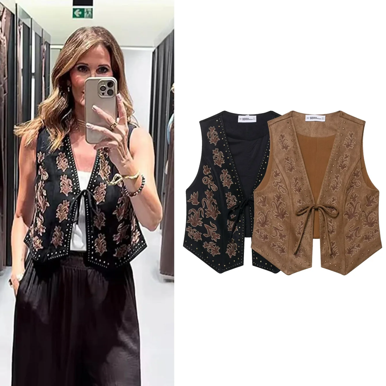 

Woman Faux Suede Vests Chic Fashion Bead Embroidery Vest For Female V Neck Sleeveless Front Lace Up Waistcoat Vintage Crop Top