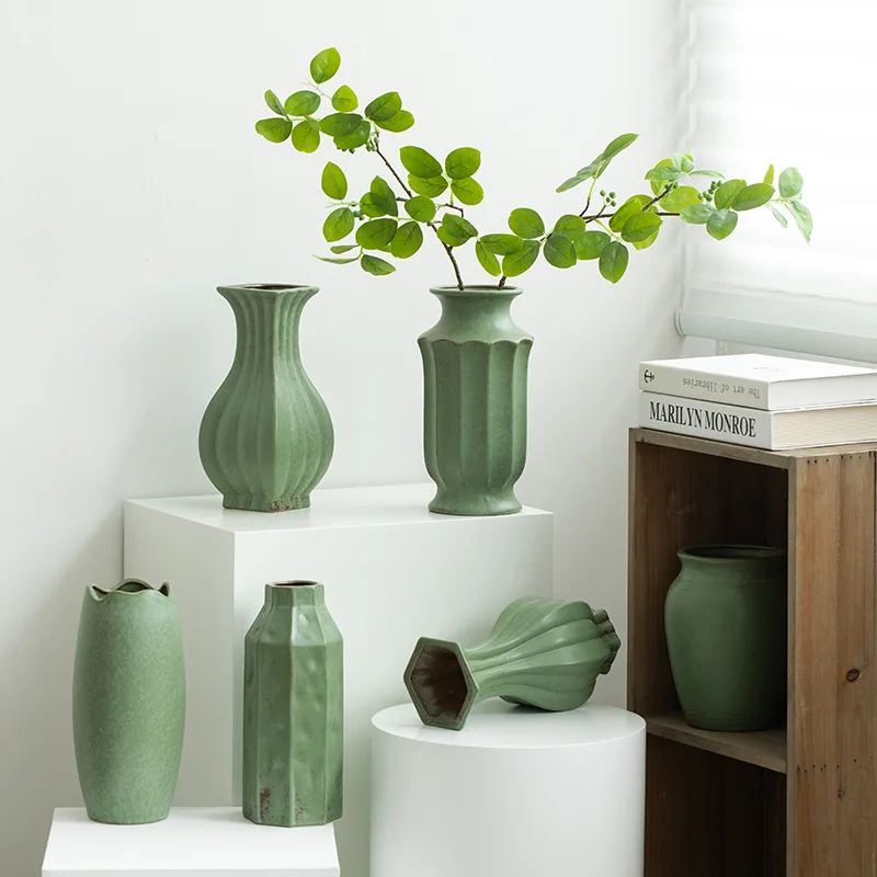 Nordic Ceramic Minimalist Green Vases Ornaments, Home Dining Table, Living Room Decorations Accessories, Retro Floral Organ, 1Pc