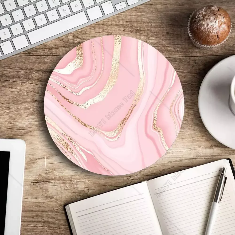 Round Pink Gold Marble Mouse Pad Premium-Textured Small Mouse Mat with Waterproof Non-Slip Rubber Base for Office Work Computer