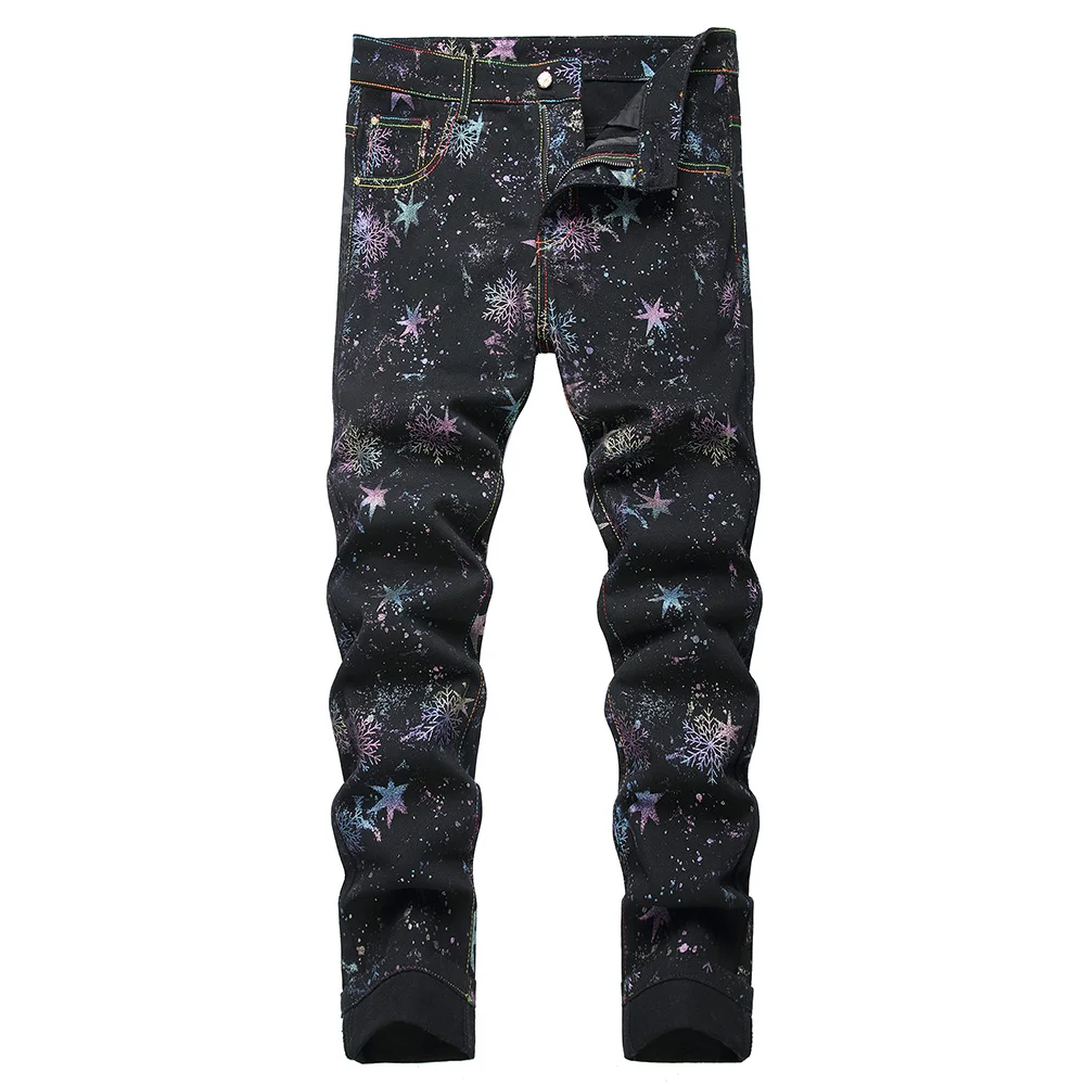 Men snowflake Stars Print Jeans Fashion Neon Colored Painted Black Denim Pants Slim Straight Stretch Trousers