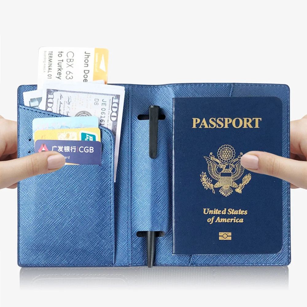 Customized Name Multi-Functional Leather Passport Case with Pen Holder and Cross-Patterned Design Luggage Tag Set view 5