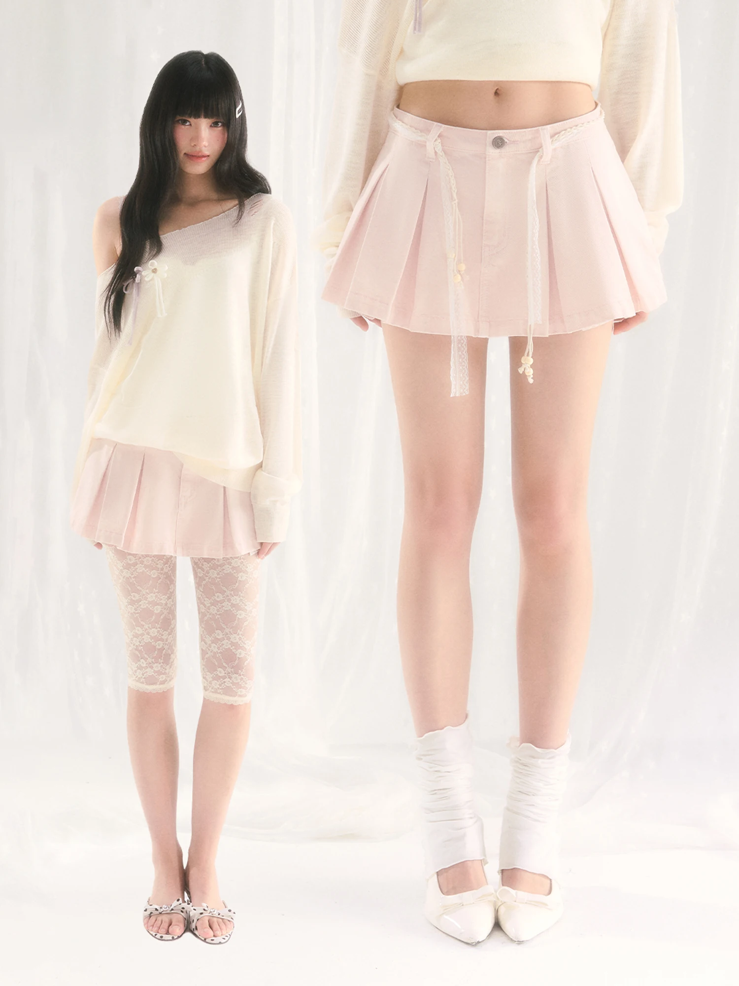 

Розовая плиссированная юбка в нежном стиле с кружевом, джинсовая короткая юбка, весна 2026, новинка Weekendhub, корейская серия