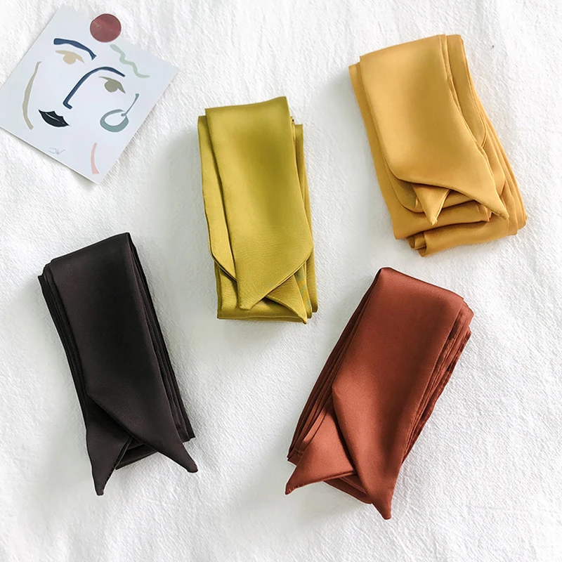 5*200CM Long Silk Skinny Scarf Solid Color Satin Silk Narrow Neckerchief Bag Ribbon Women Neck Hair Band Headbands Scarf