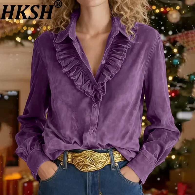 

HKSH Women Chic Shirt Turn-down Collar Ruffled Long Sleeves Single Brested Solid Color Elegant Blouse Ins Top New Spring HK19882