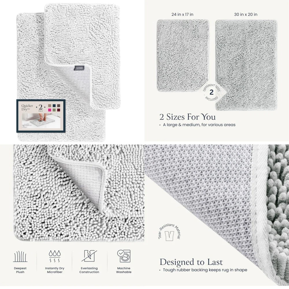 

Набор из 2 ковриков для ванной комнаты, мягкий плюшевый синельный коврик для ванной 24x17 30x20, нескользящие коврики для душа для дома, спа, роскошные впитывающие напольные коврики