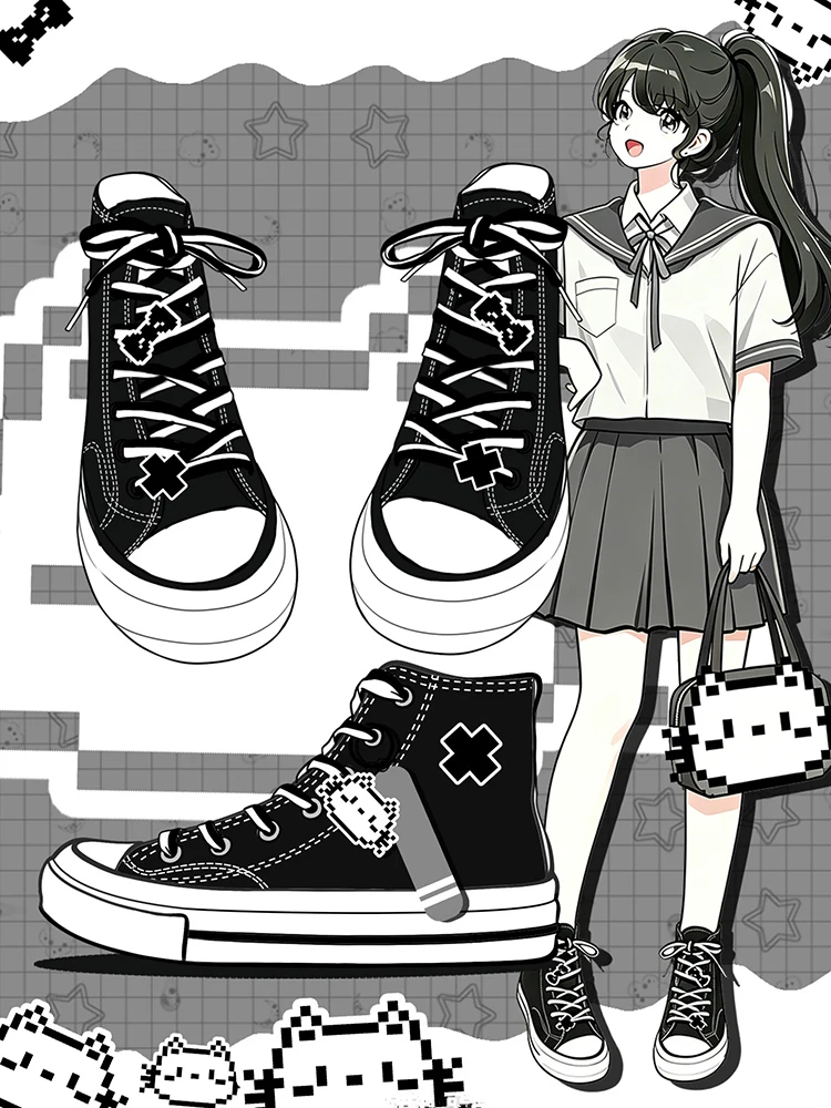 Amy und Michael: Süße High-Top-Sneaker aus schwarzem Canvas für Mädchen – Niedliche, lässige Anime-Schuhe, bezaubernde vulkanisierte Damenschuhe – Detail 3
