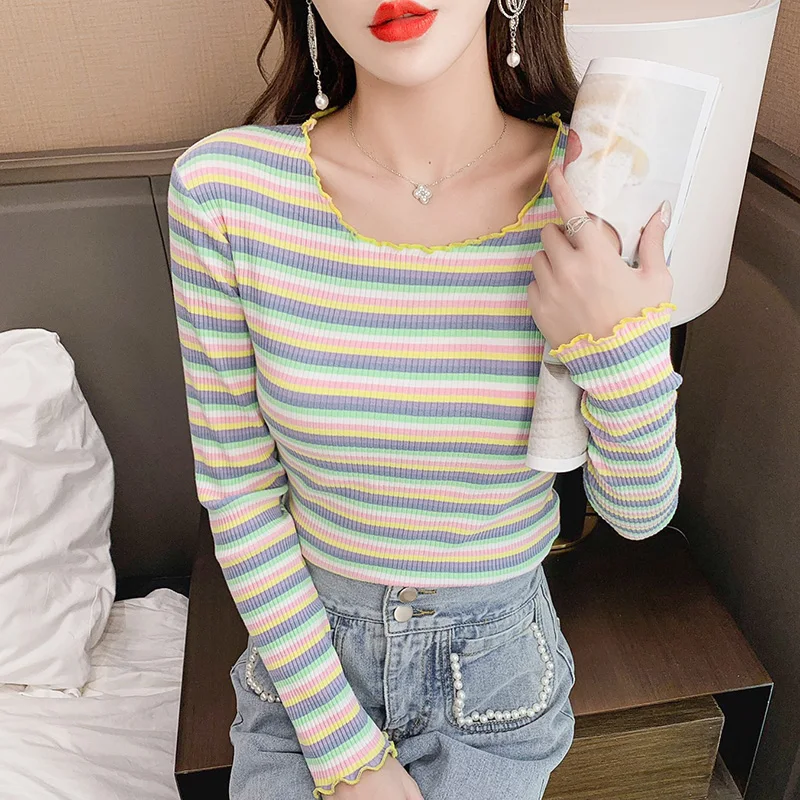 pure cotton Women T-shirt korean long Sleeve Rainbow stripe Graphic Casual Female Tee Tops harajuku Ladies slim Kawaii t-shirts