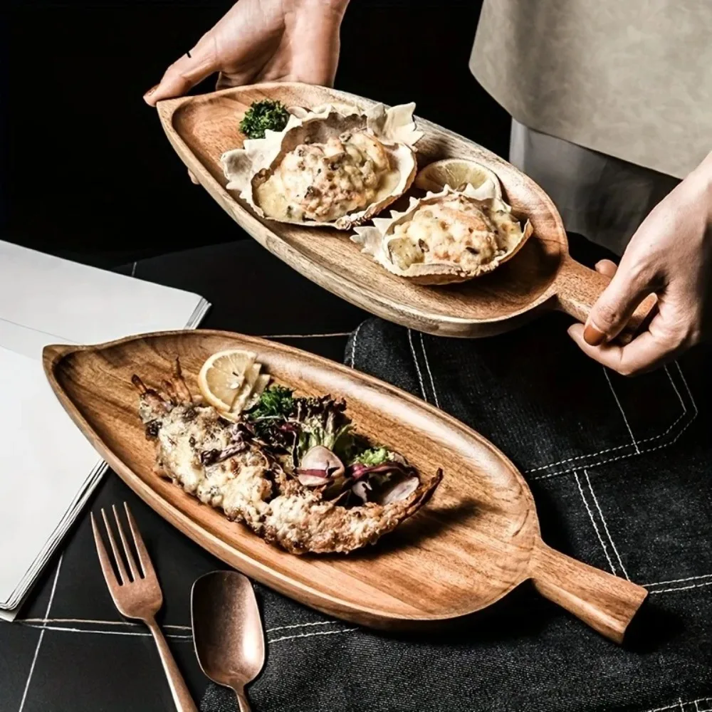 

Creative Wooden Afternoon Tea Tray with Handle Multifunction Serving Food Tray Leaf Shaped Snacks Dish Table Decoration