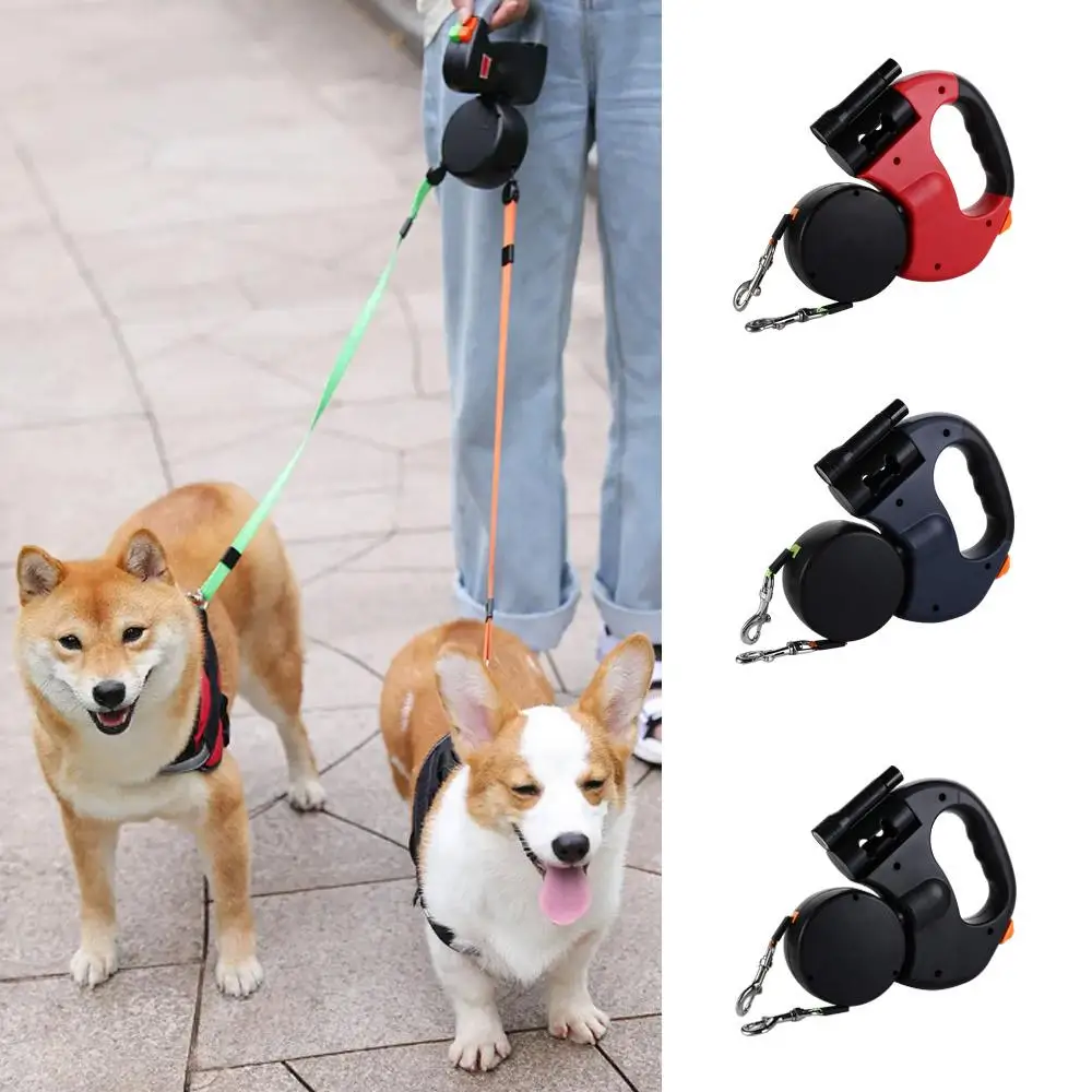 With Lights Double Dog Walking Leash Adjustable Plastic Dual Retractable Rotation Rope 360 Swivel Nylon