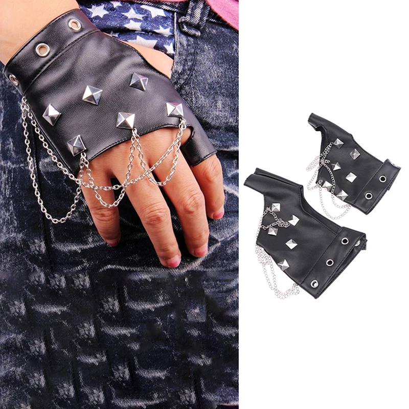 

Men Punk Hiphop Rivet Half Finger Leather Gloves Women's Stage Performance Fingerless Touch Screen Motorcycle Mitten