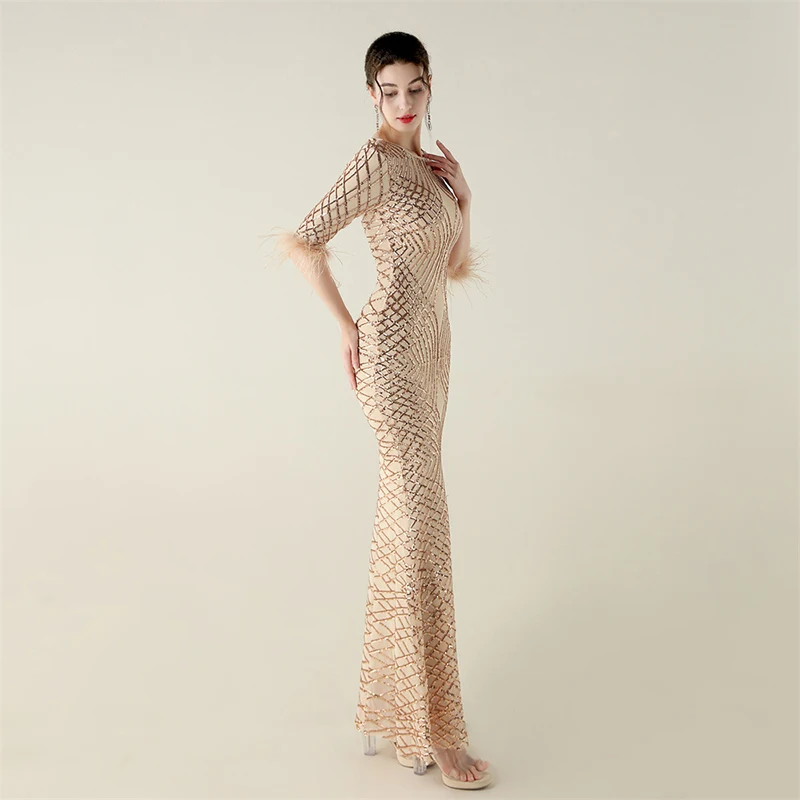 Primavera otoño mujer elegante media manga cuello redondo pluma lentejuelas cóctel graduación lujo fiesta de noche vestido largo