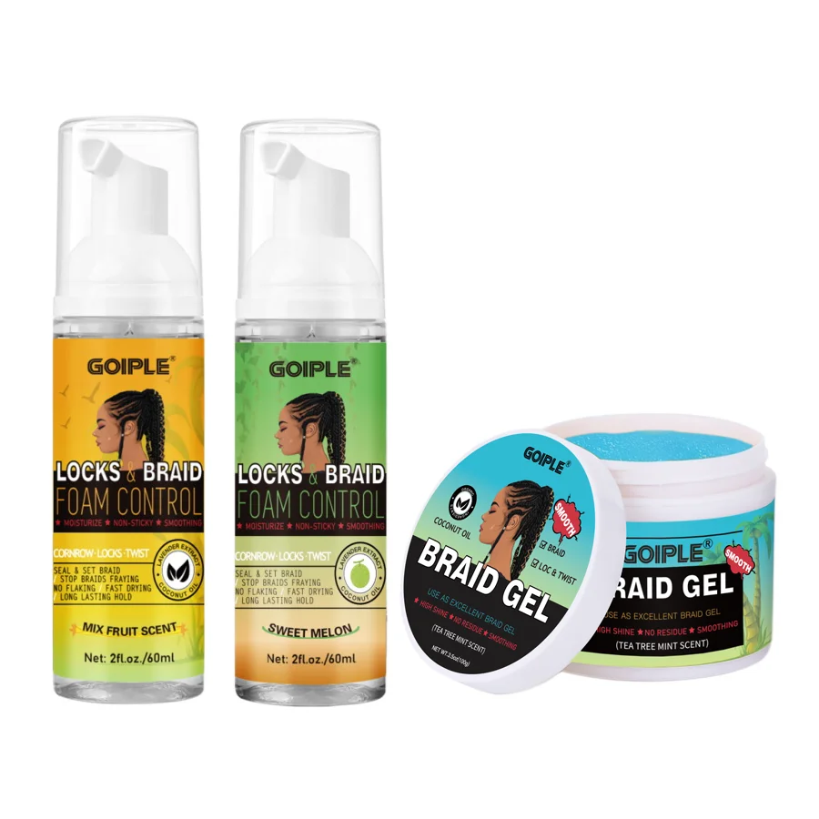 GOIPLE 2pcs 60ml Locks & Braid Foam Control and 100g Tea Tree Mint Scent Braid Gel Strong Hold Styling Loc Twist Foam Mousse