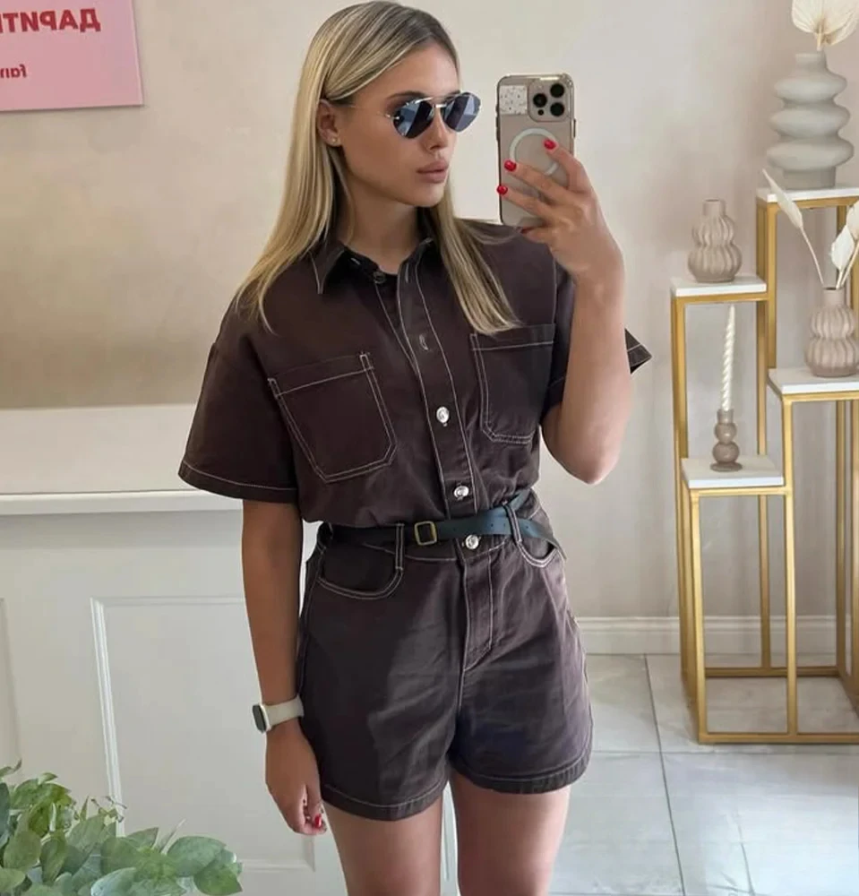 콘달라 가을 클래식 데님 점프수트 여성용 반팔 버튼 점프수트 2025 여름 패션 하이 스트리트 캐주얼 여성 점프수트