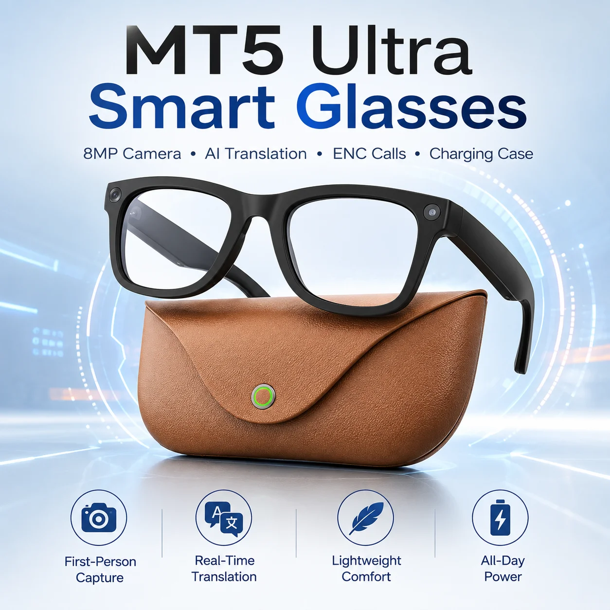 MT5 Ultra AI Smart Glasses 8MP Camera Real-Time Translation ENC Dual Mic WiFi 6 2000mAh Charging Case
