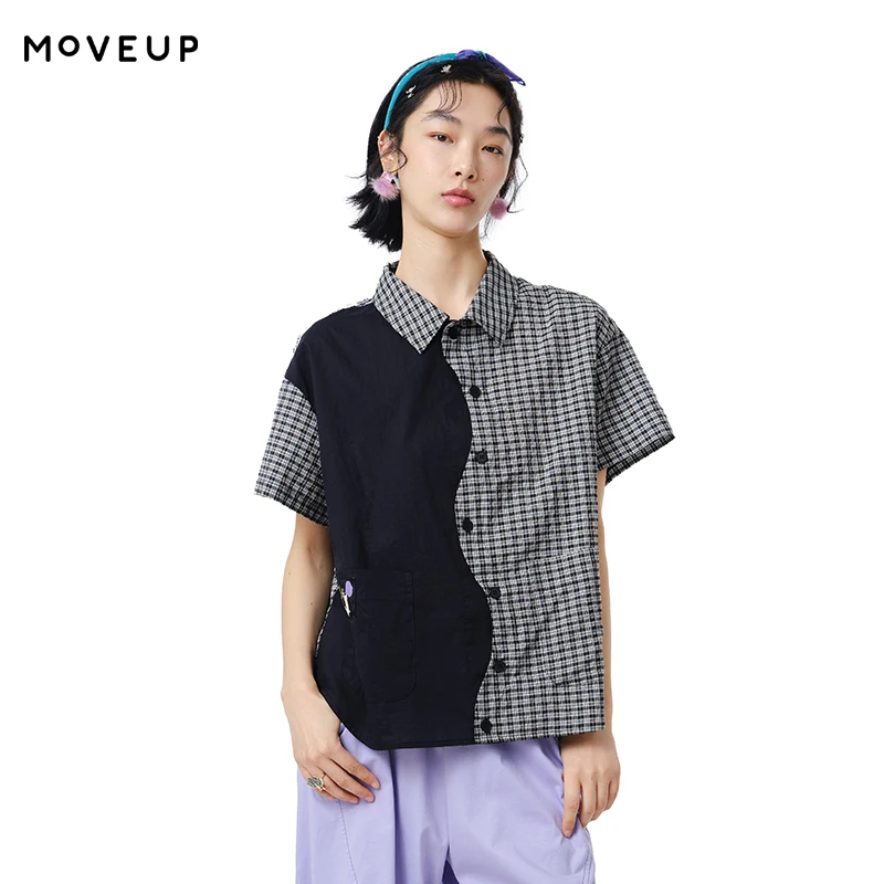 

MOVEUP Casual Short Sleeves Shirt 2026 Summer New Contrast Color Woven Label Pocket Checkered Loose Shirt For Women 325220441