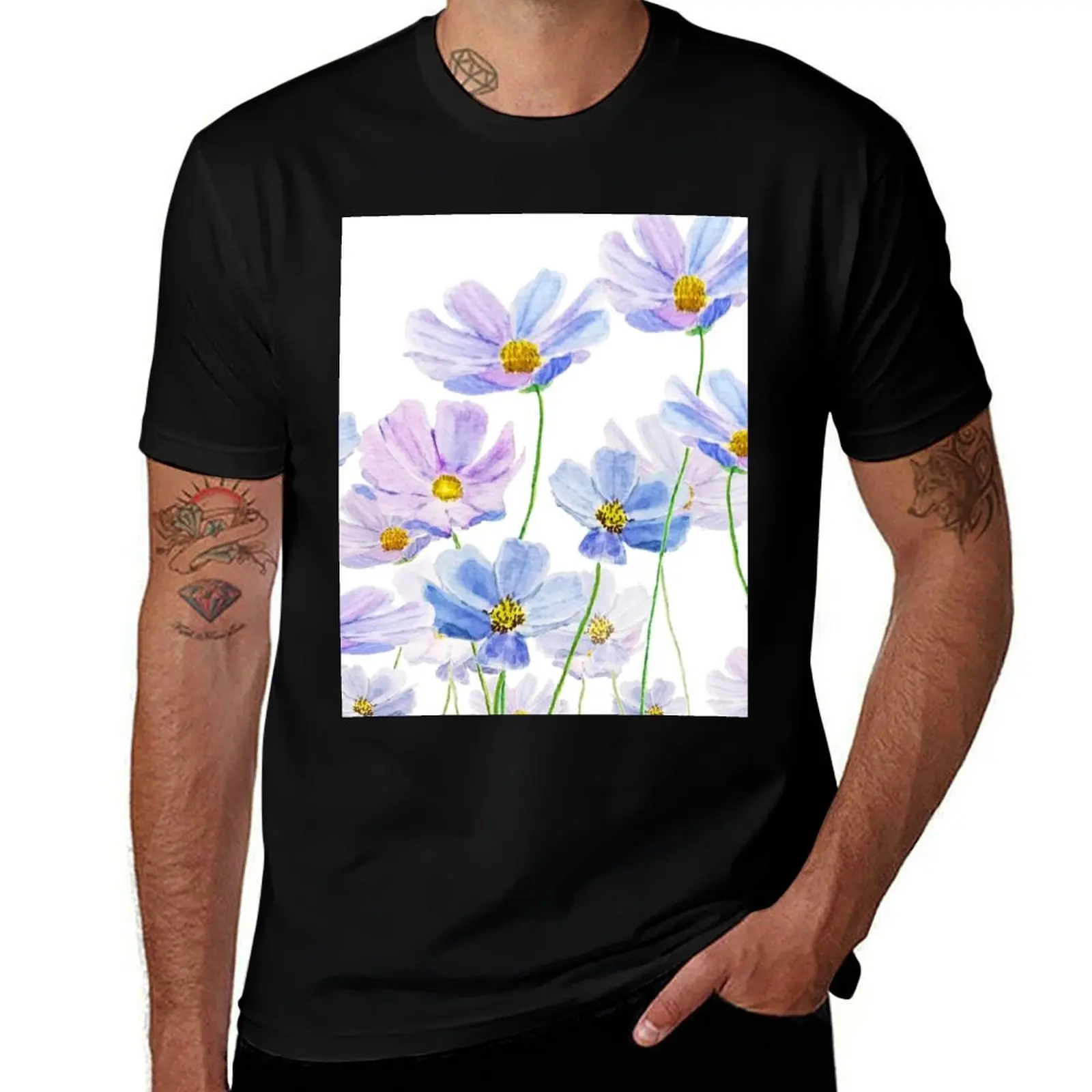 hand painted purple and blue cosmos flower watercolor T-Shirt Anime t-shirt custom t-shirts baggy shirts for a boy men clothings