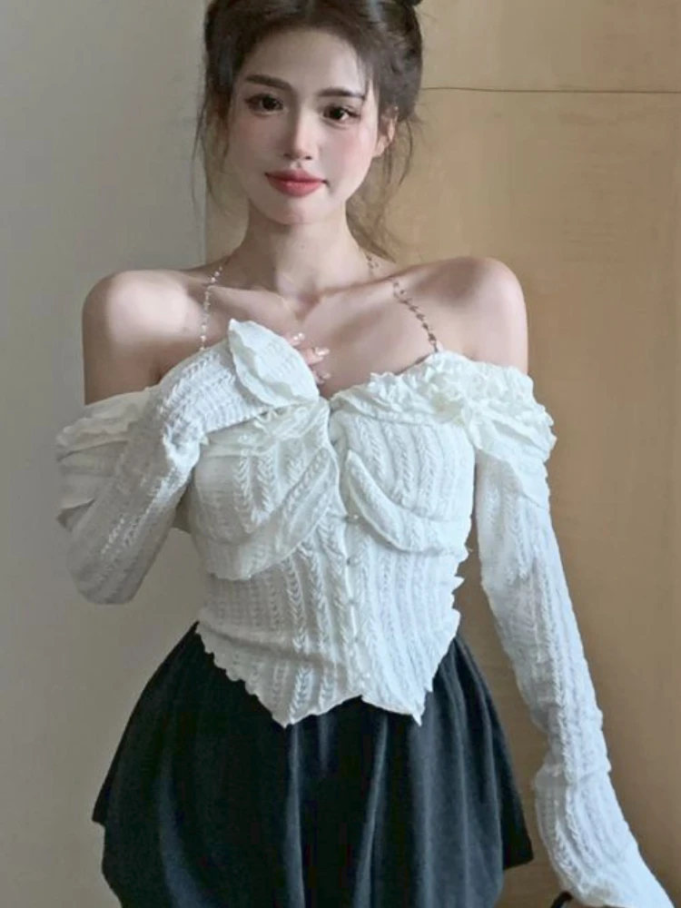 Autumn White Sexy Kawaii Blouse Women Korean Fashion Elegant Party Slim Tops Female Ruffle Flounce Designer Casual Blouse 2023