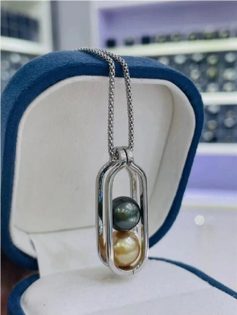 stunning 9-10mm tahitian round black green gold pearl pendant 925s