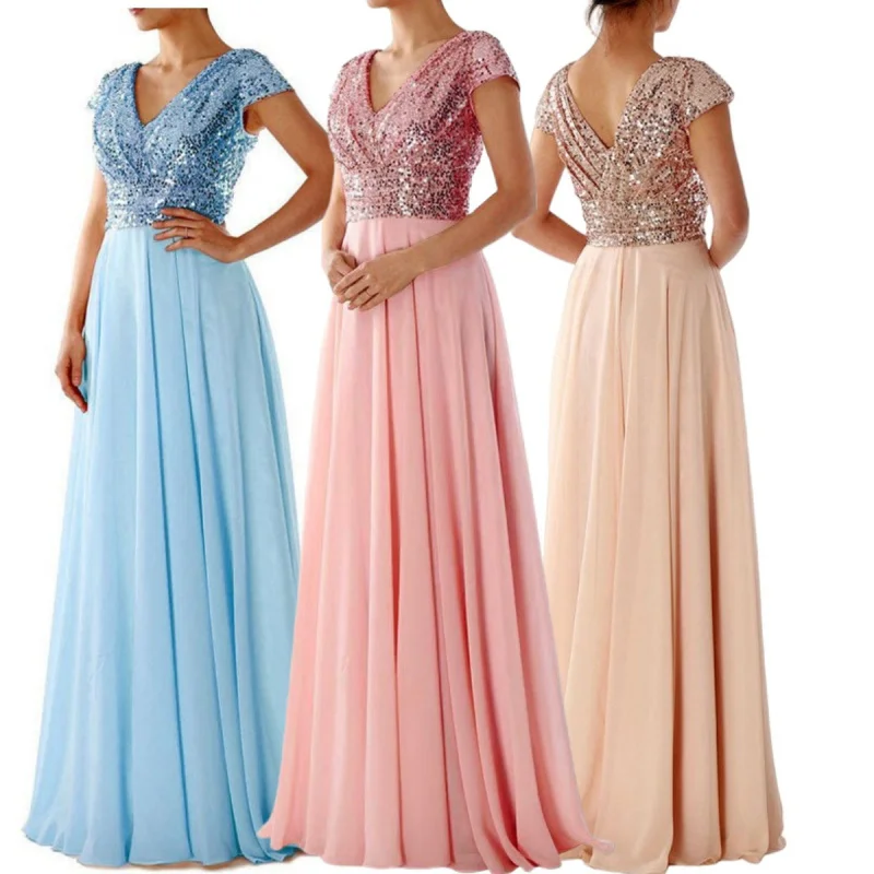 

New Summer New Dress New Sequined Chiffon Stitching Evening Long Dress (4 Colors)