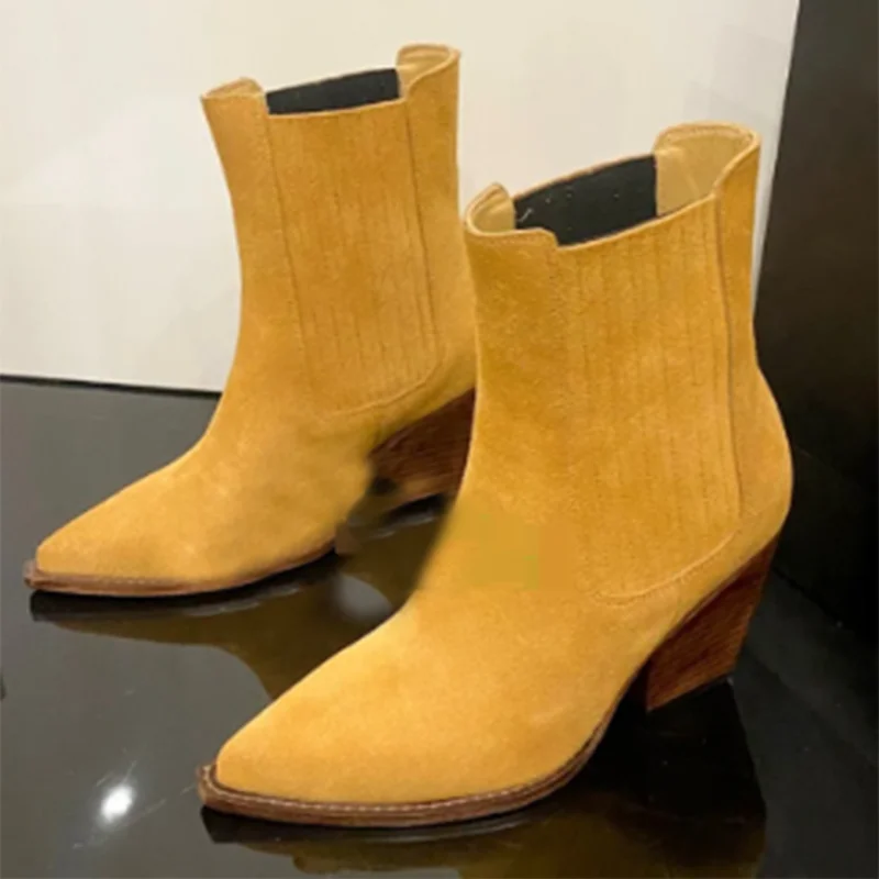 JOZHAMTA Women Western Chelsea Boots Cowgirl Pull on Stitched Pointed Toe Wedges Boots Chunky Heels Short Boots Size 35-46