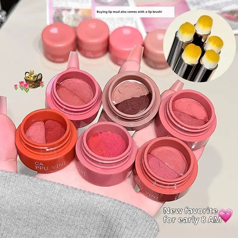 1Pc Cappuvini Canned Lip Mud Mist Long-Lasting Waterproof Lipstick And Cheek Blush Cream with Lip Brush - Brightening Makeup Set