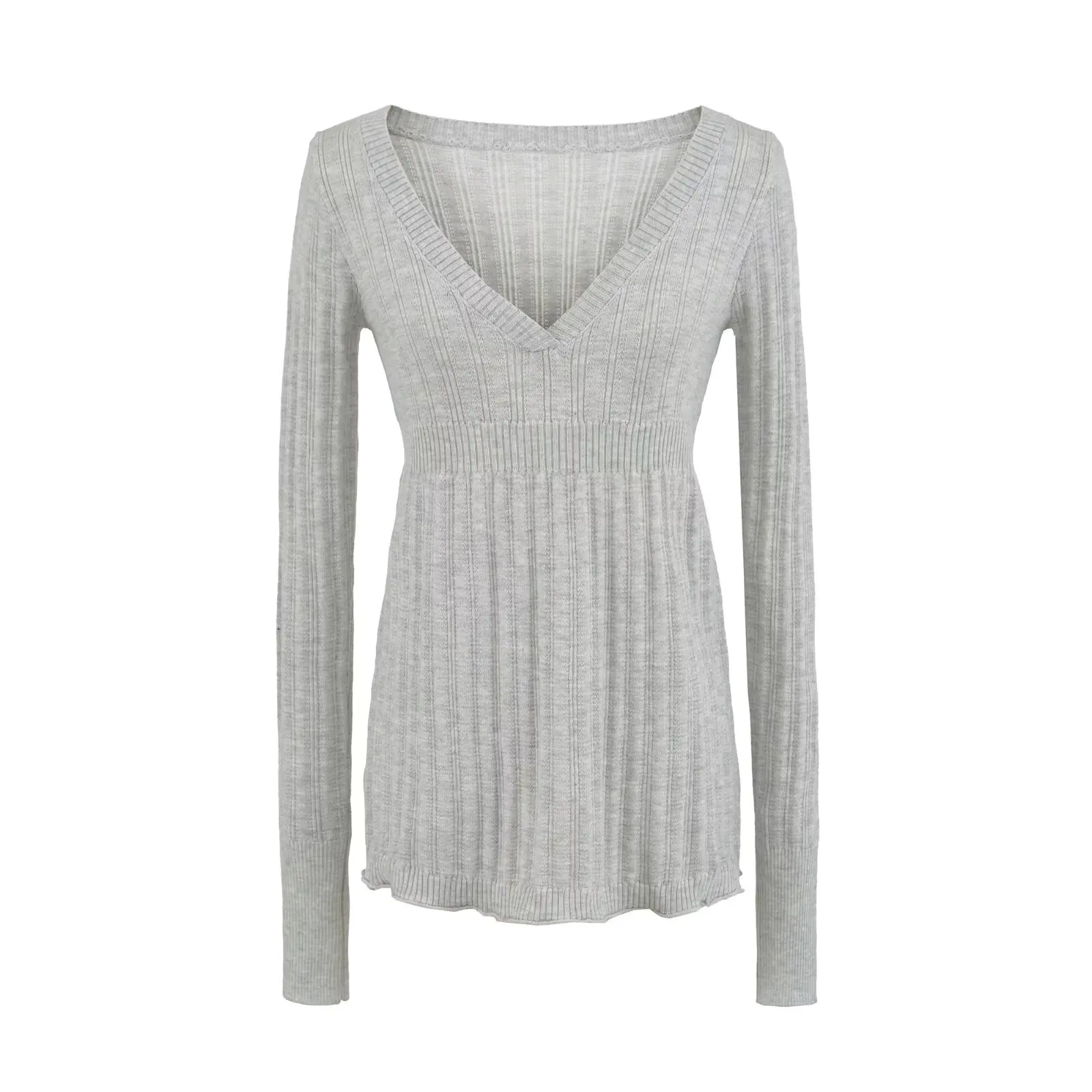 سترة محبوكة بقصة ضيقة V-Ne Long Sve بيضاء متعددة الاستخدامات بطبقة أساسية للنساء ملابس يومية مريحة وناعمة بلون نقي #5